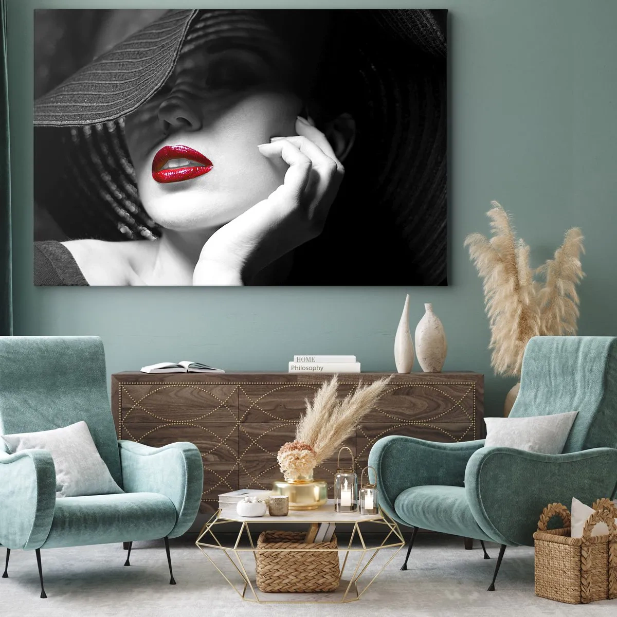 Impression sur toile - Image sur toile - Portrait noir et blanc d'une femme aux lèvres rouges - 120x80cm - Étude écarlate - Décoration murale moderne pour le salon et la chambre ARTTOR