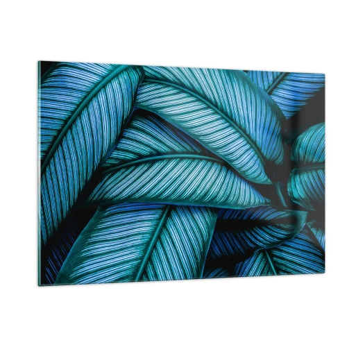 Impression sur verre - Image sur verre - Gros plan de feuilles turquoise à la texture intense. - 120x80cm - Lignes de vie - Décoration murale moderne pour le salon et la chambre ARTTOR