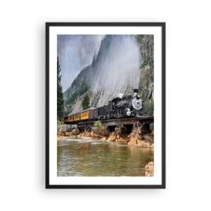 Affiche dans un cadre noir - Poster - Une locomotive à vapeur sur un pont entouré de montagnes et d'une rivière dans un paysage pittoresque. - 50x70cm - Et lui jusqu'où? Jusqu'où? - Décoration murale moderne pour le salon et la chambre ARTTOR