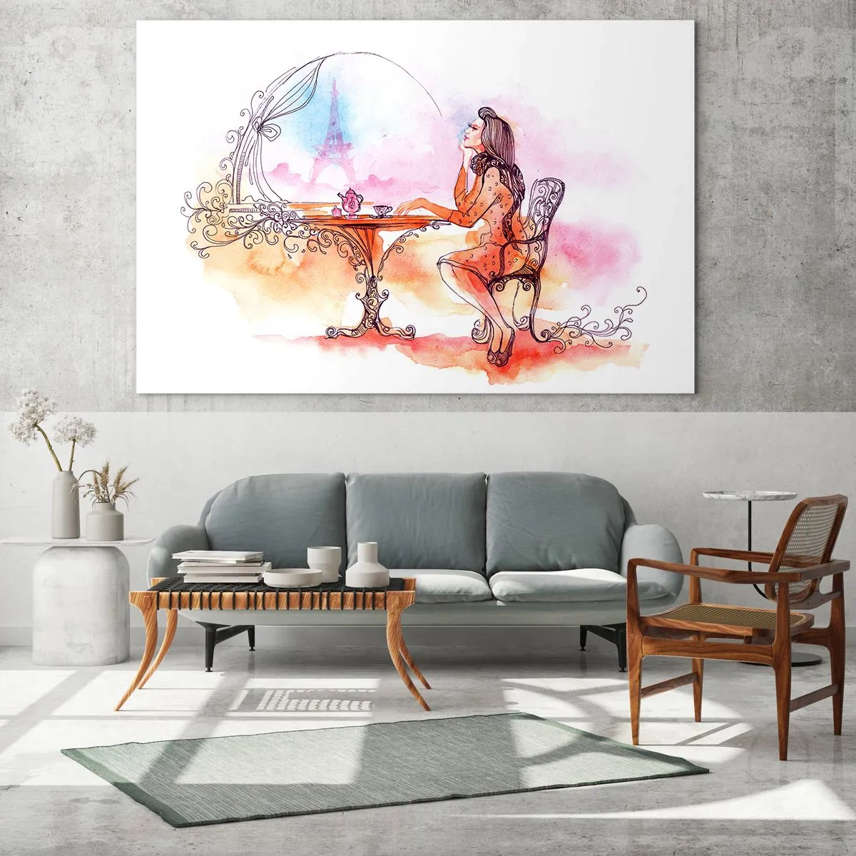 Impression sur verre - Image sur verre - Une femme à une table avec vue sur la Tour Eiffel dans des tons pastel - 120x80cm - Le chic parisien - Décoration murale moderne pour le salon et la chambre ARTTOR