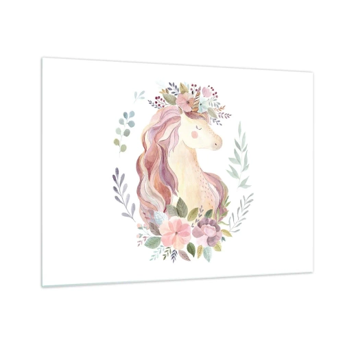 Impression sur verre - Image sur verre - Une licorne de dessin animé avec une crinière de fleurs pastel - 70x50cm - Invitation au monde des contes de fées - Décoration murale moderne pour le salon et la chambre ARTTOR