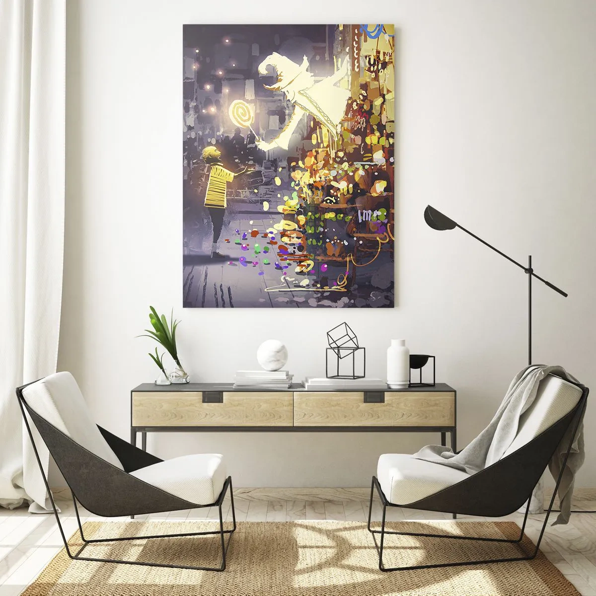 Impression sur verre - Image sur verre - Un personnage de conte de fées et un enfant dans une rue pleine de lumières et de magie - 80x120cm - La magie existe - Décoration murale moderne pour le salon et la chambre ARTTOR