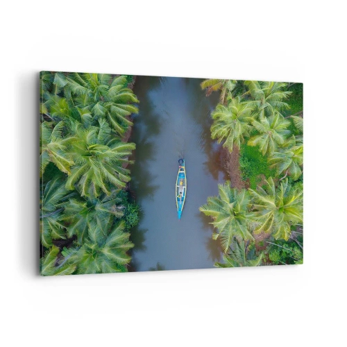 Impression sur toile - Image sur toile - Vue aérienne d'un bateau sur une rivière entourée de palmiers - 120x80cm - Sur un sentier tropical - Décoration murale moderne pour le salon et la chambre ARTTOR