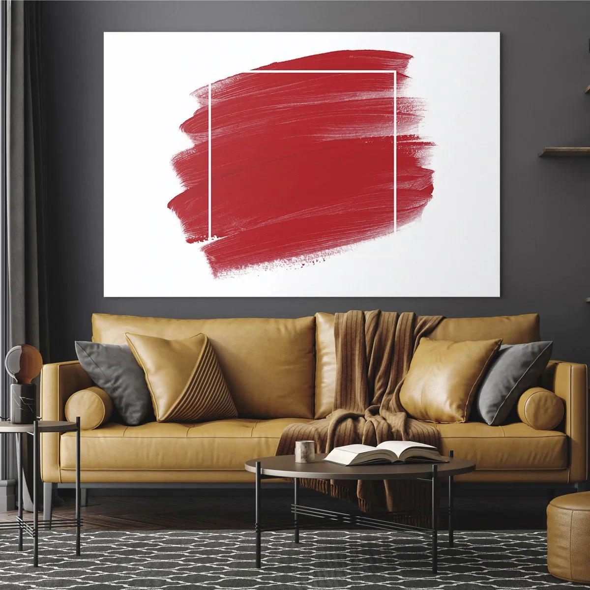 Impression sur verre - Image sur verre - Tache rouge abstraite avec un cadre blanc - 70x50cm - En dehors du cadre - Décoration murale moderne pour le salon et la chambre ARTTOR