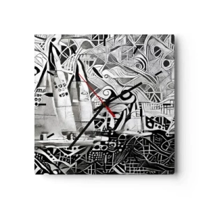 Horloge murale - Pendule murale - Voiliers abstraits dans une composition monochrome - 30x30cm - Entre les vagues - Décoration murale moderne pour le salon et la chambre ARTTOR