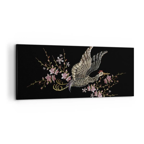 Impression sur toile - Image sur toile - Un oiseau en vol avec des fleurs sur fond noir - 120x50cm - Oiseau brodé exotique - Décoration murale moderne pour le salon et la chambre ARTTOR