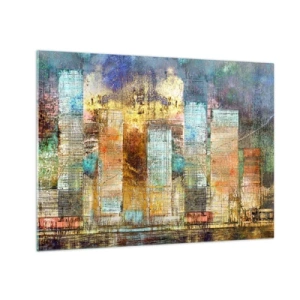 Impression sur verre - Image sur verre - Panorama abstrait coloré des gratte-ciels de la ville dans un style artistique - 70x50cm - Une métropole ensoleillée - Décoration murale moderne pour le salon et la chambre ARTTOR