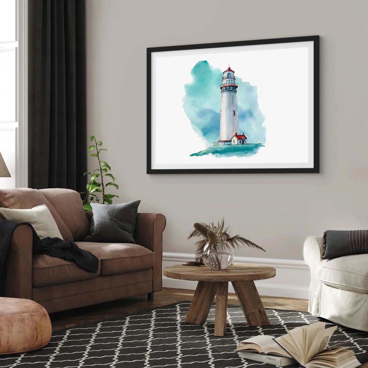 Affiche dans un cadre noir - Poster - Un phare sur un fond bleu aquarelle - 100x70cm - La douce sœur du bleu - Décoration murale moderne pour le salon et la chambre ARTTOR