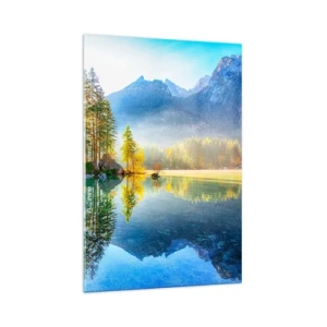 Impression sur verre - Image sur verre - Un lac entouré de montagnes et de forêts sous les rayons du soleil - 70x100cm - Majesté et douceur - Décoration murale moderne pour le salon et la chambre ARTTOR