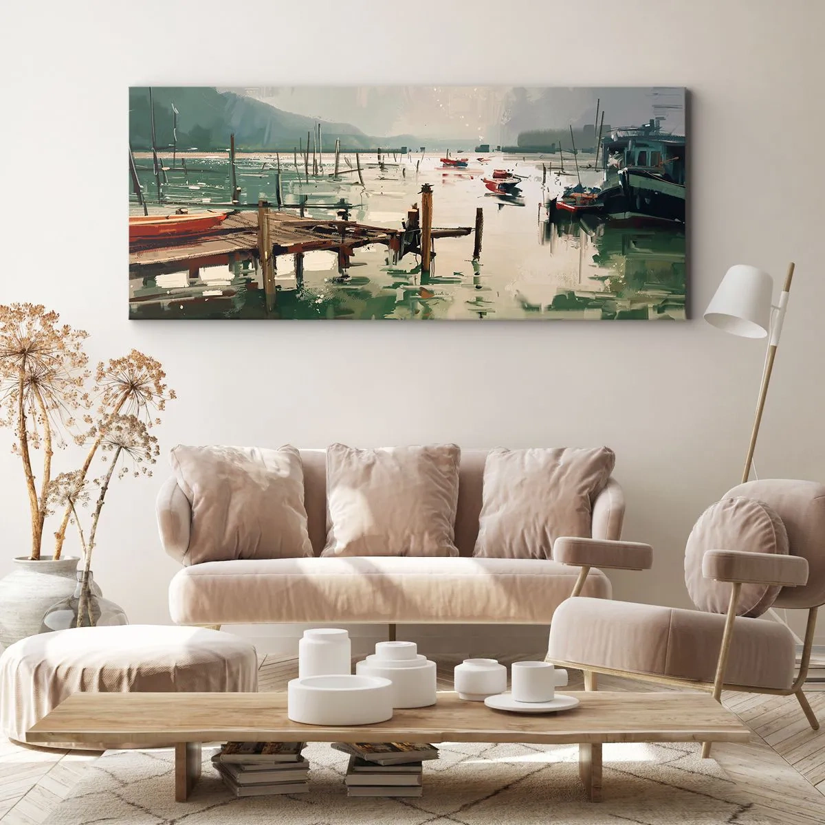 Impression sur toile - Image sur toile - Un port pittoresque avec des bateaux sur une eau calme - 160x50cm - Trempé dans une lune en fusion - Décoration murale moderne pour le salon et la chambre ARTTOR