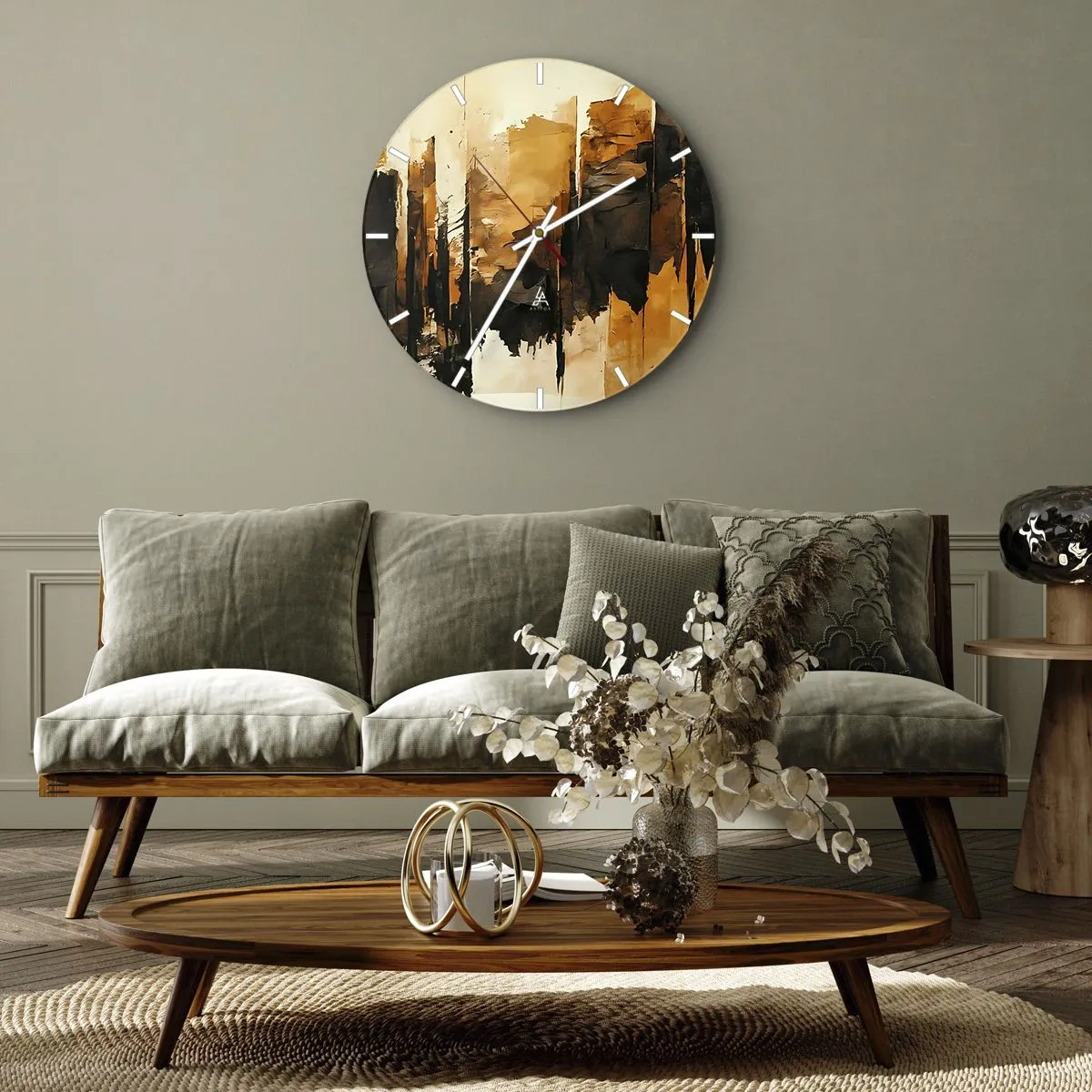 Horloge murale - Pendule murale - Composition abstraite dans les tons de noir et d'or - 30x30cm - Harmonie de noir et d'or - Décoration murale moderne pour le salon, la cuisine et la chambre ARTTOR