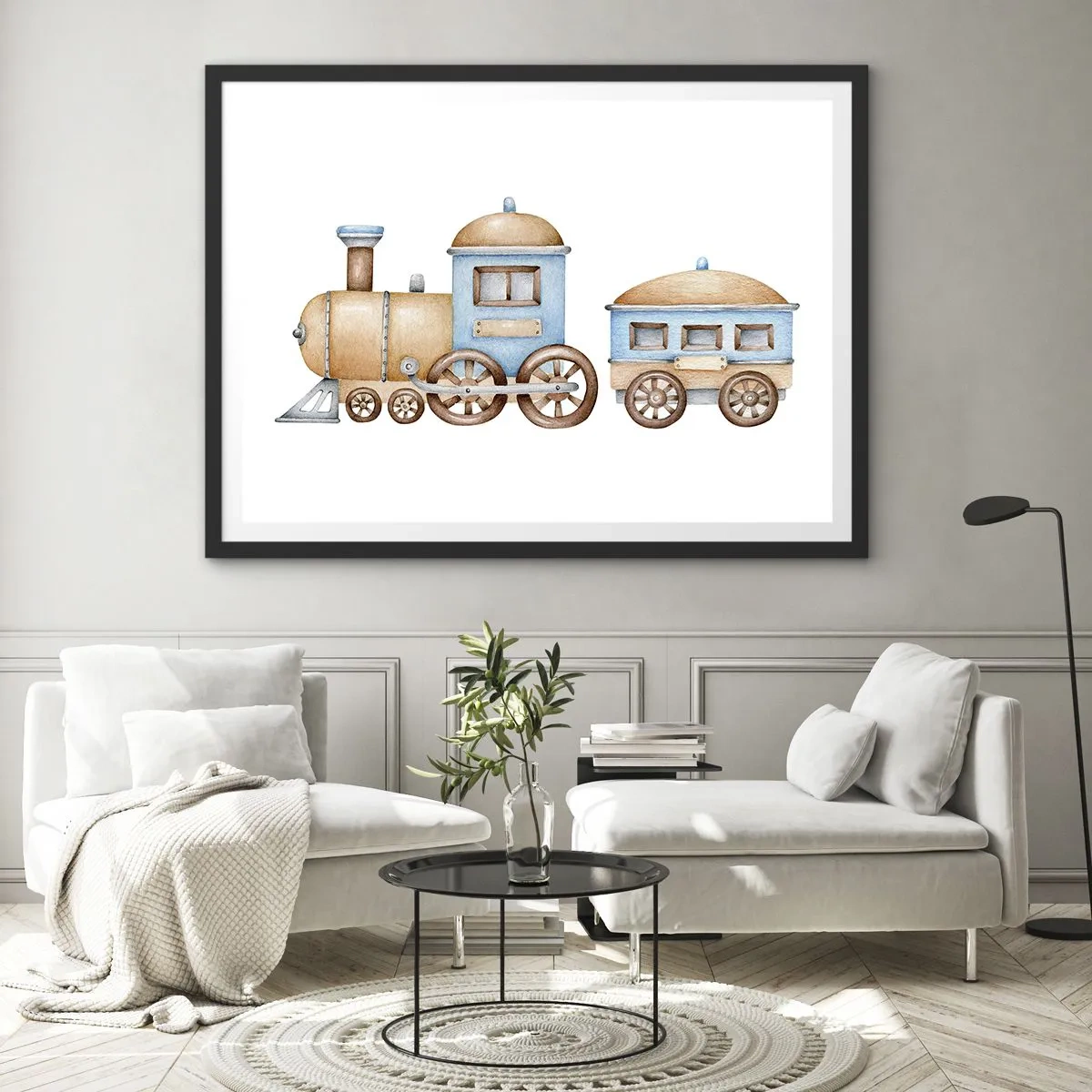 Affiche dans un cadre noir - Poster - Dessin d'un train aux tons pastel sur fond blanc - 70x50cm - Il est à la gare... - Décoration murale moderne pour le salon et la chambre ARTTOR