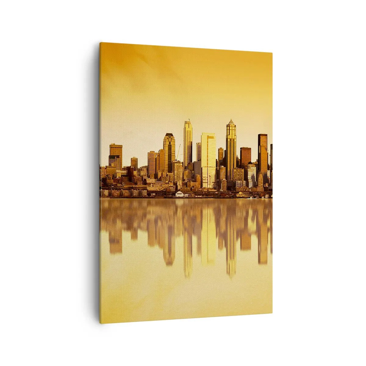 Impression sur toile - Image sur toile - Panorama de la ville reflété dans l'eau au coucher du soleil - 70x100cm - Le silence de la métropole - Décoration murale moderne pour le salon et la chambre ARTTOR