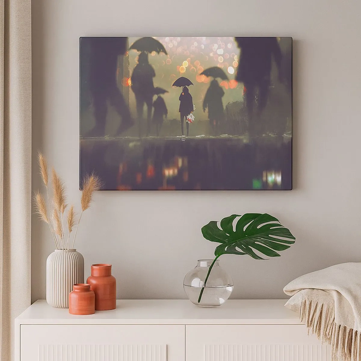 Impression sur toile - Image sur toile - Une silhouette avec un parapluie un soir pluvieux parmi les lumières de la ville - 70x50cm - Du point de vue d'une goutte de pluie - Décoration murale moderne pour le salon et la chambre ARTTOR