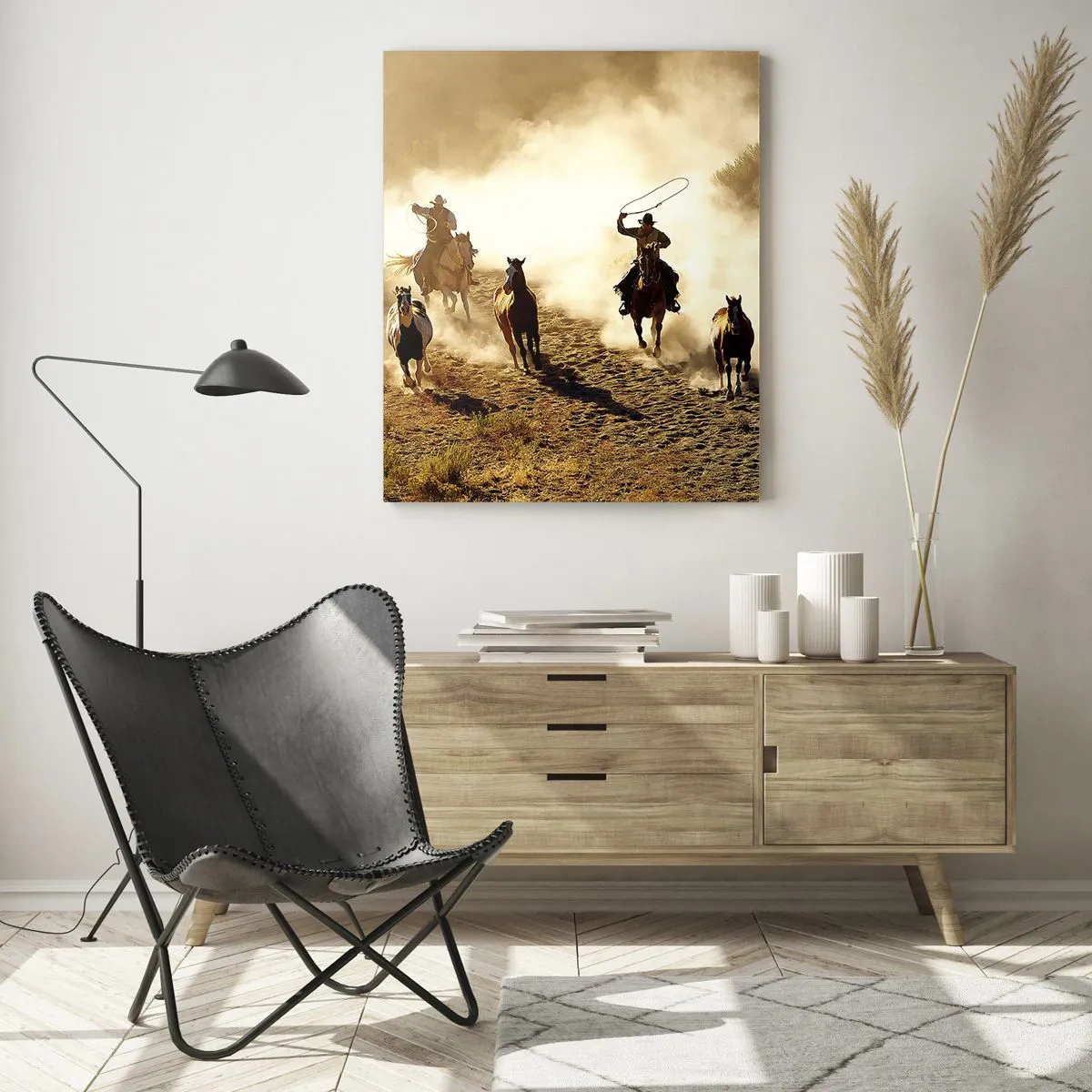 Impression sur verre - Image sur verre - Cowboys à cheval en action sur un terrain désertique - 80x120cm - L'ouest vraiment sauvage - Décoration murale moderne pour le salon et la chambre ARTTOR