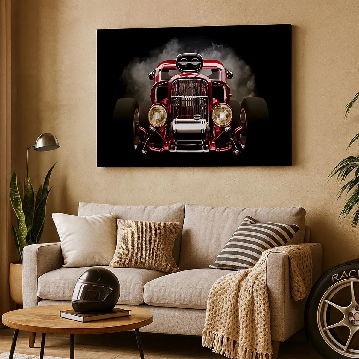 Impression sur toile - Image sur toile - Voiture de course classique rouge sur fond sombre - 70x50cm - Rapide et furieusement beau - Décoration murale moderne pour le salon et la chambre ARTTOR