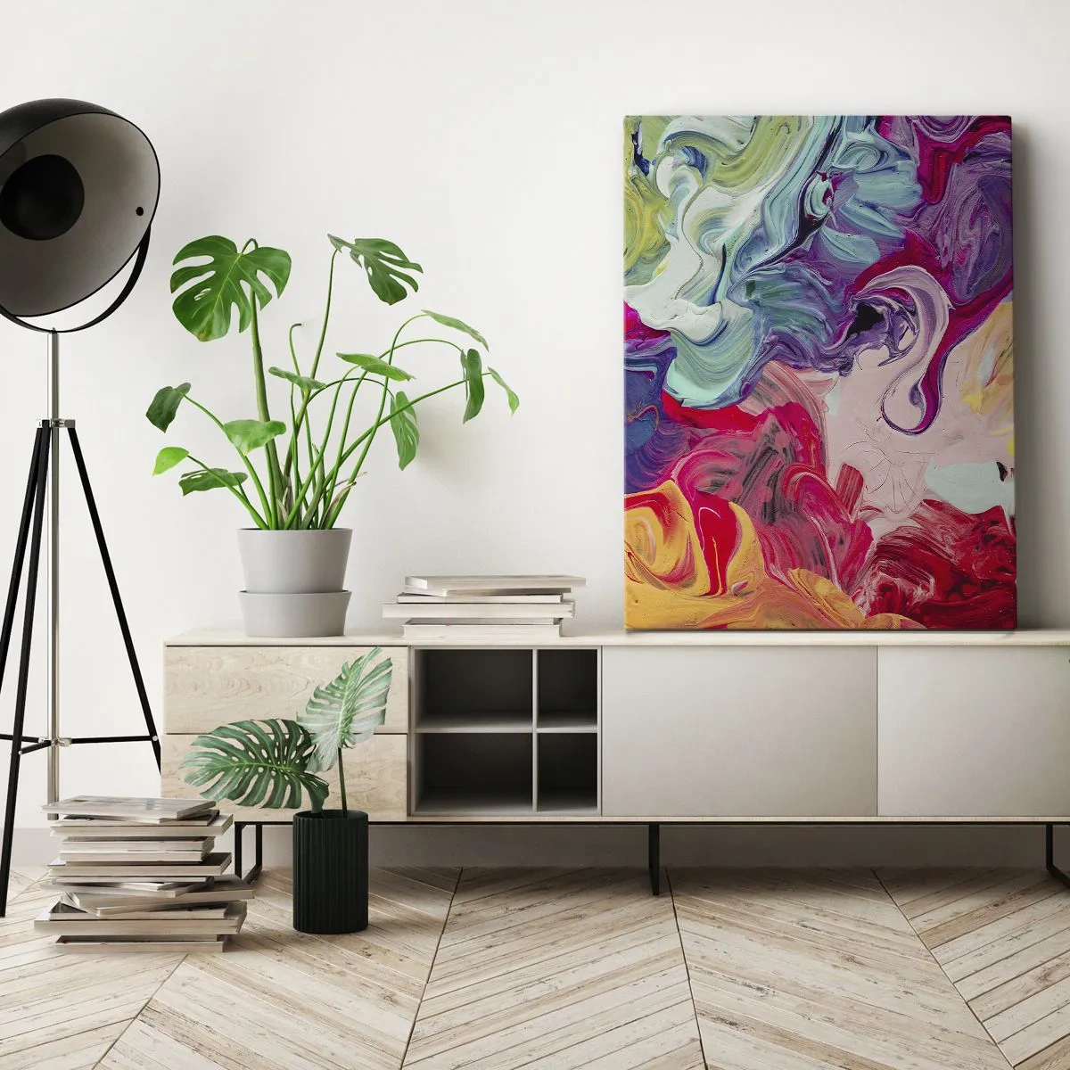 Impression sur toile - Image sur toile - Une composition abstraite aux couleurs vibrantes et tourbillonnantes et à la structure dynamique. - 70x100cm - La naissance des couleurs - Décoration murale moderne pour le salon et la chambre ARTTOR