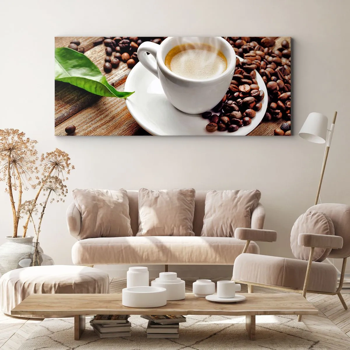 Impression sur toile - Image sur toile - Café sur un banc - 90x30 cm