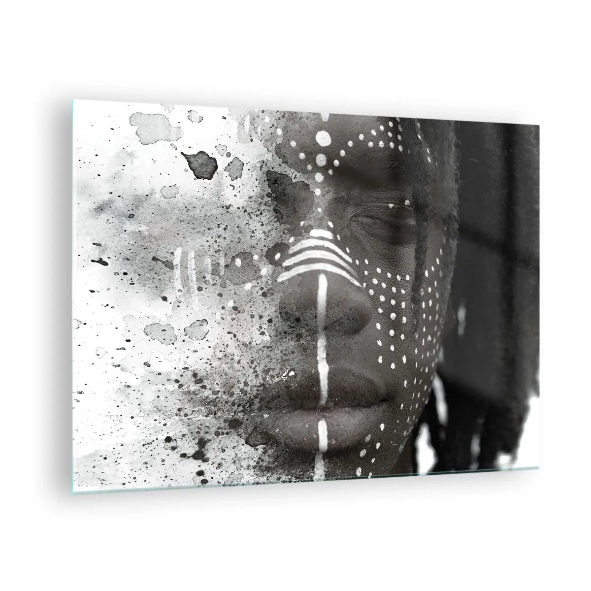 Impression sur verre - Image sur verre - Portrait aux motifs ethniques en noir et blanc avec un effet aquarelle - 70x50cm - Découvrez l'esprit primal - Décoration murale moderne pour le salon et la chambre ARTTOR