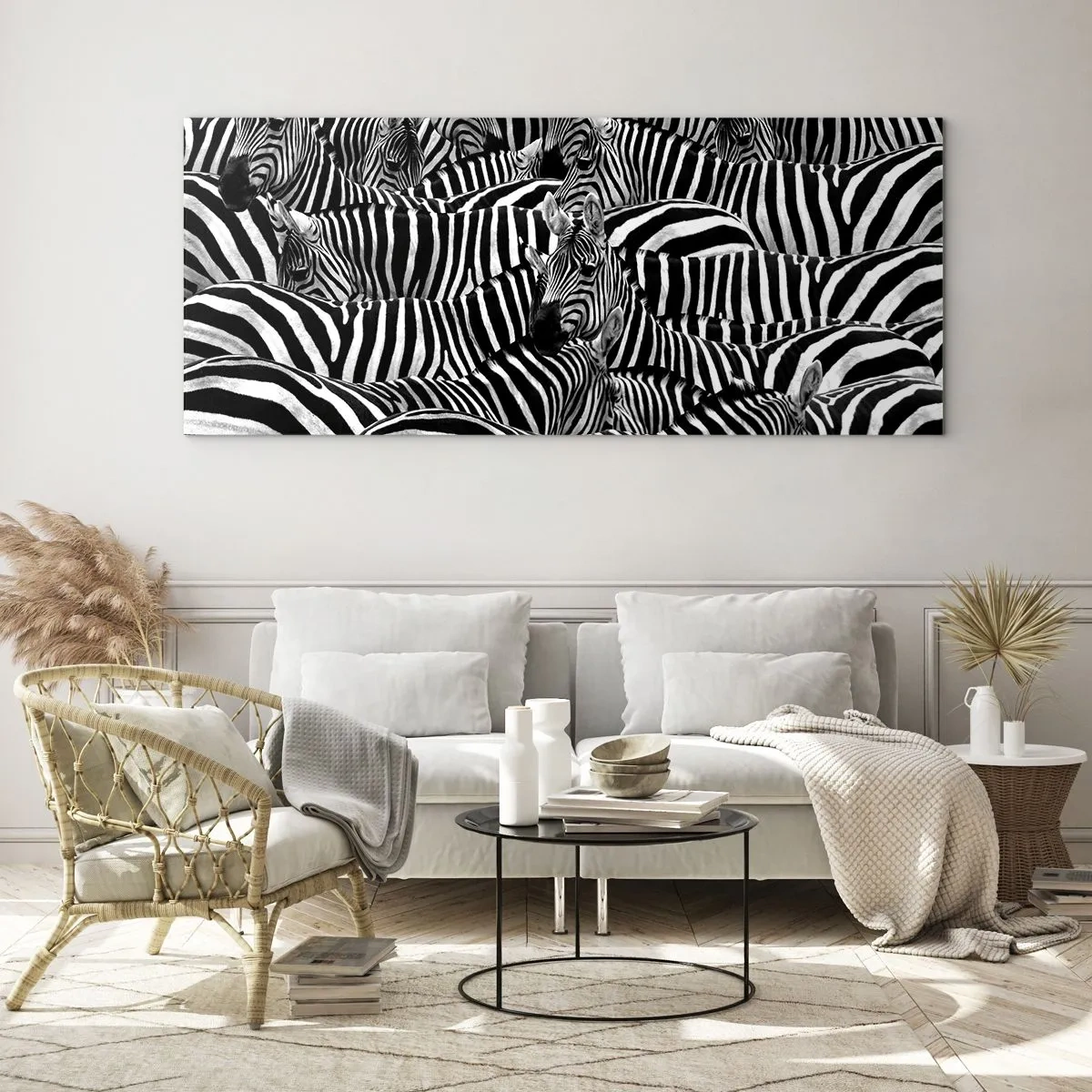 Impression sur verre - Image sur verre - Un groupe de zèbres avec des rayures noires et blanches créant un motif de symétrie. - 120x50cm - Portrait collectif à rayures - Décoration murale moderne pour le salon et la chambre ARTTOR