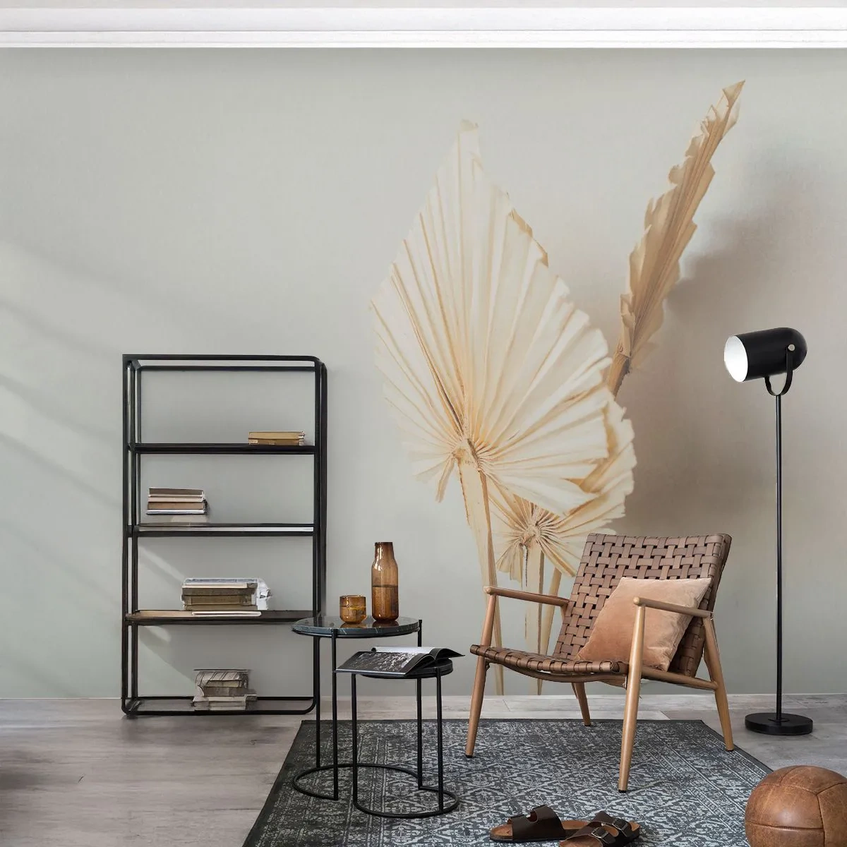 Papier Peint Photo Standard Eco - Feuilles de palmier séchées sur fond clair dans un style bohème - 100x70cm - Quand tu dois t’apaiser - Décoration murale moderne pour le salon et la chambre ARTTOR