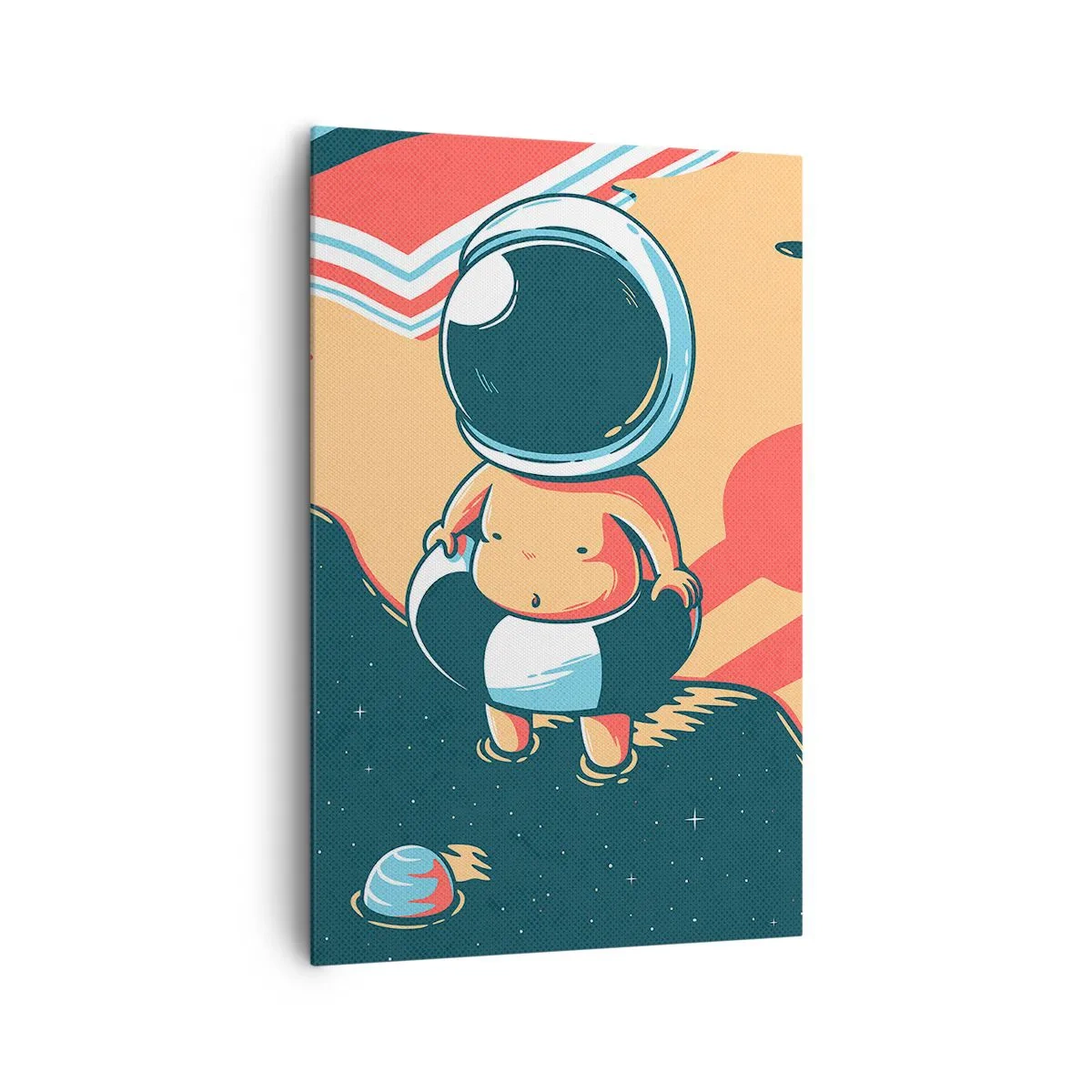 Impression sur toile - Image sur toile - Astronaute drôle sur la plage avec des éléments spatiaux en arrière-plan - 80x120cm - Suivant une autre perspective - Décoration murale moderne pour le salon et la chambre ARTTOR