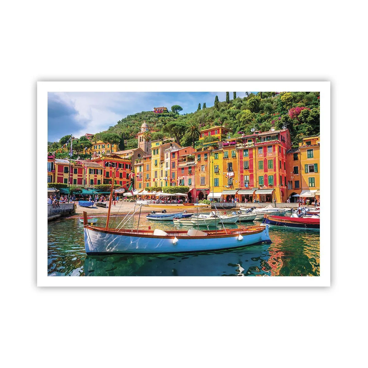 Affiche - Poster - Maisons de ville colorées et bateaux dans une ville balnéaire italienne - 100x70cm - Matinée italienne - Décoration murale moderne pour le salon et la chambre ARTTOR