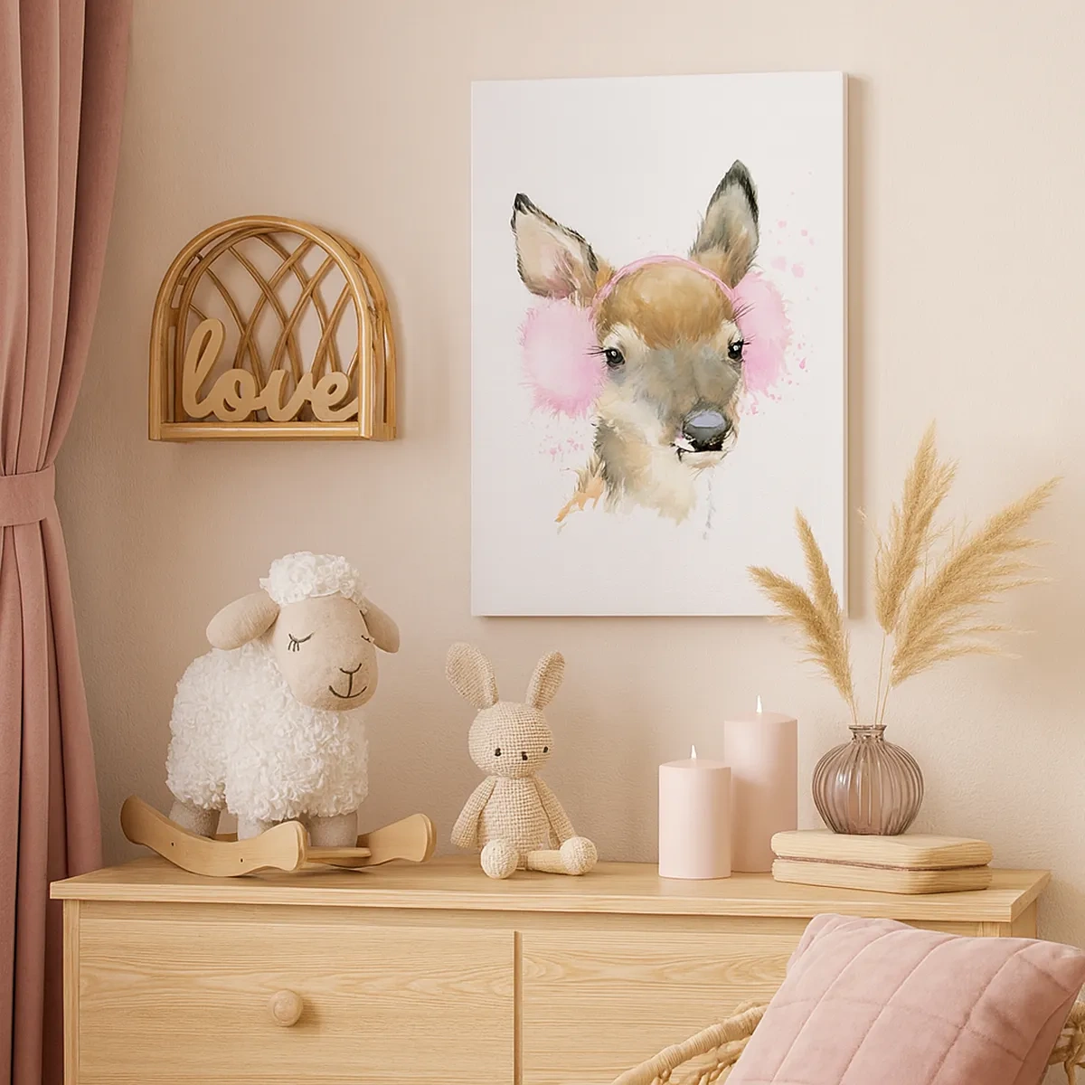 Impression sur toile - Image sur toile - Cerf aquarelle avec cache-oreilles roses - 50x70cm - Et le gel n'effraie plus - Décoration murale moderne pour le salon et la chambre ARTTOR