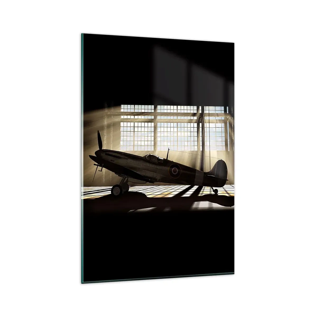 Impression sur verre - Image sur verre - Un avion historique dans un hangar éclairé par la lumière du soleil - 80x120cm - Le repos du guerrier - Décoration murale moderne pour le salon et la chambre ARTTOR