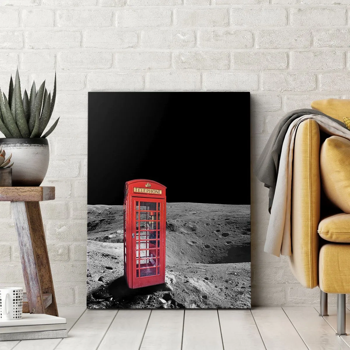Impression sur toile - Image sur toile - Cabine téléphonique rouge sur la lune - 50x70cm - Une blague cosmique - Décoration murale moderne pour le salon et la chambre ARTTOR