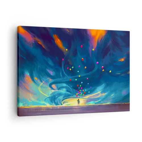 Impression sur toile - Image sur toile - Une silhouette avec des ballons sur un fond de nuages tourbillonnants et colorés - 70x50cm - Au vent bleu ciel - Décoration murale moderne pour le salon et la chambre ARTTOR