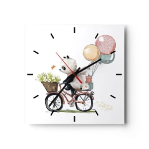 Horloge murale - Pendule murale - Panda sur un vélo avec des ballons et des fleurs - 30x30cm - Jour de chance - Décoration murale moderne pour le salon et la chambre ARTTOR