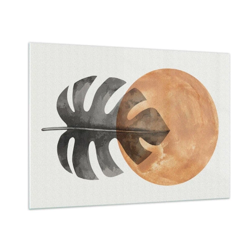 Impression sur verre - Image sur verre - Feuille de Monstera et cercle orange dans un style graphique sur fond blanc. - 100x70cm - Toujours le soleil - Décoration murale moderne pour le salon et la chambre ARTTOR