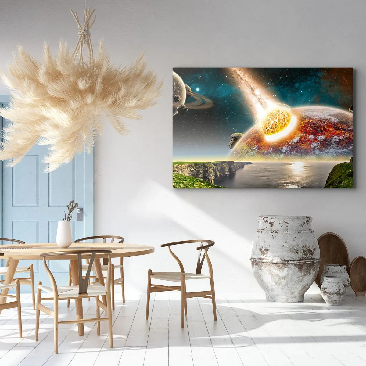 Impression sur toile - Image sur toile - Une météorite entre en collision avec une planète dans un paysage cosmique. - 70x50cm - Drame spatial - Décoration murale moderne pour le salon et la chambre ARTTOR