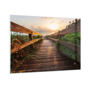 Impression sur verre - Image sur verre - Passerelle en bois menant à la plage au coucher du soleil - 100x70cm - Tout droit vers le rivage - Décoration murale moderne pour le salon et la chambre ARTTOR