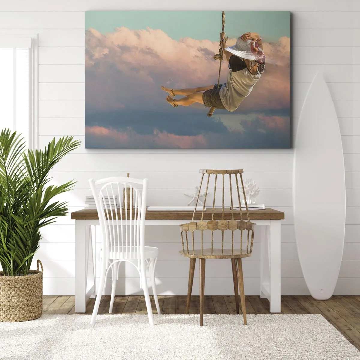 Impression sur toile - Image sur toile - Femme sur une balançoire parmi les nuages roses - 120x80cm - S'amuser dans les nuages - Décoration murale moderne pour le salon et la chambre ARTTOR