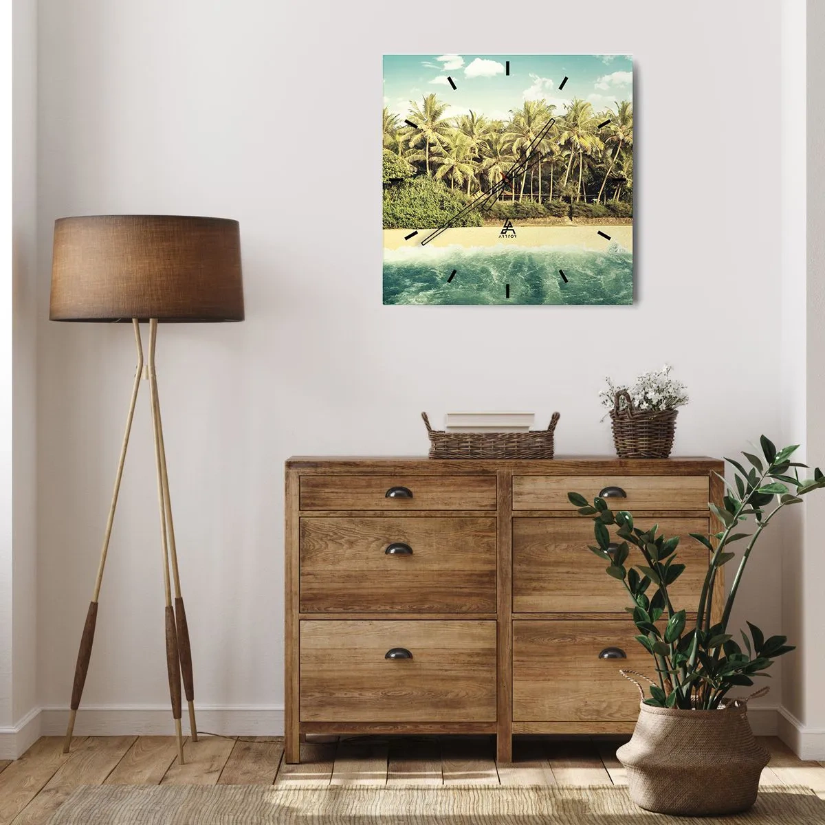 Horloge murale - Pendule murale - Plage tropicale avec palmiers et mer turquoise - 30x30cm - Peut-être ici? - Décoration murale moderne pour le salon et la chambre ARTTOR