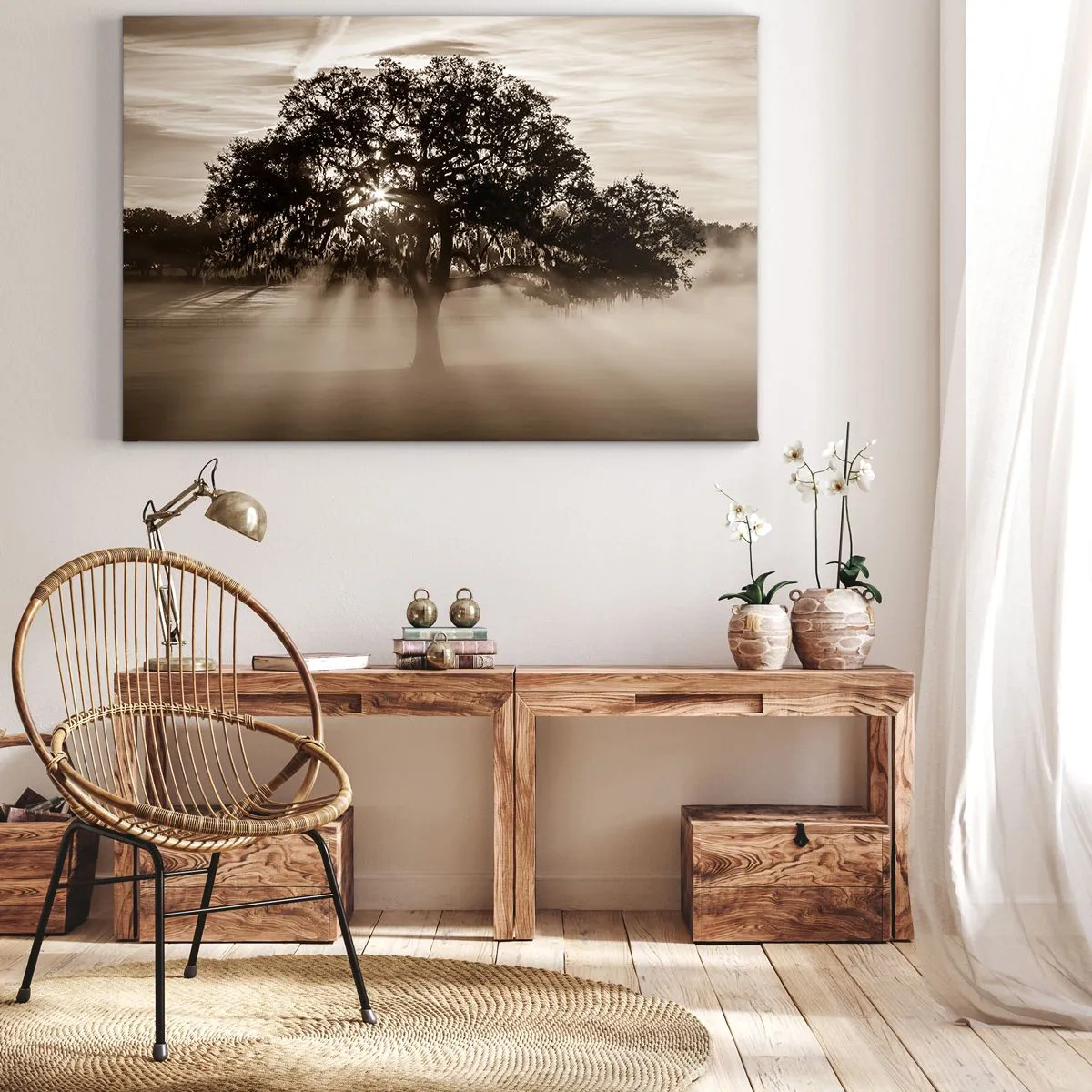 Impression sur toile - Image sur toile - Des rayons de soleil brillent à travers un arbre solitaire - 100x70cm - Arbre de bonnes nouvelles - Décoration murale moderne pour le salon et la chambre ARTTOR