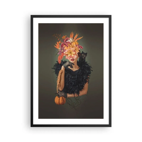 Affiche dans un cadre noir - Poster - Portrait artistique d'une femme avec des fleurs, une citrouille et un chat noir. - 50x70cm - Sort de sorcière - Décoration murale moderne pour le salon et la chambre ARTTOR