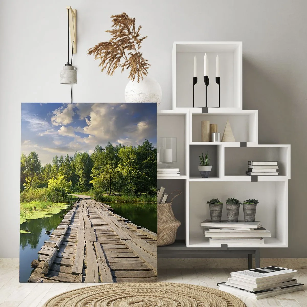 Impression sur verre - Image sur verre - Jetée en bois sur un lac avec un cygne au coucher du soleil - 50x70cm - L'été, l'été partout - Décoration murale moderne pour le salon et la chambre ARTTOR