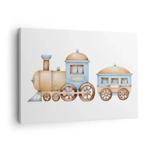 Impression sur toile - Image sur toile - Dessin d'un train aux tons pastel sur fond blanc - 70x50cm - Il est à la gare... - Décoration murale moderne pour le salon et la chambre ARTTOR