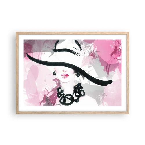 Affiche dans un chêne clair - Poster - Portrait d'une dame en noir et rose - 70x50 cm