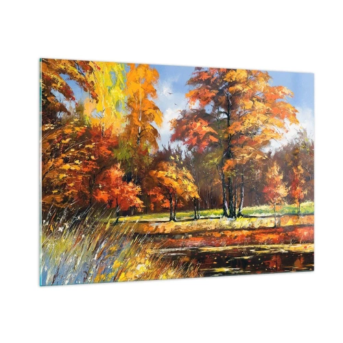 Impression sur verre - Image sur verre - Paysage d'automne avec arbres et reflet dans l'eau - 100x70cm - Paysage en or et bronze - Décoration murale moderne pour le salon et la chambre ARTTOR