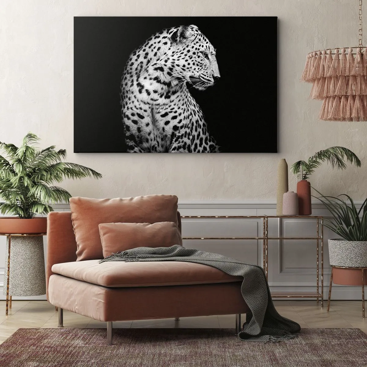 Impression sur toile - Image sur toile - Image en noir et blanc d'un léopard sur fond noir - 70x50cm - Presque un profil parfait! - Décoration murale moderne pour le salon et la chambre ARTTOR
