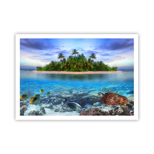 Affiche - Poster - Une île tropicale entourée d'un océan turquoise avec un récif de corail et des poissons. - 100x70cm - L'île céleste vous invite - Décoration murale moderne pour le salon et la chambre ARTTOR