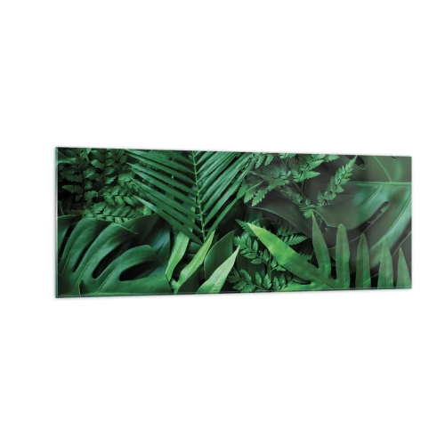 Impression sur verre - Image sur verre - Feuilles tropicales vertes dans une composition dense et naturelle - 140x50cm - Emmitouflé de verdure - Décoration murale moderne pour le salon et la chambre ARTTOR