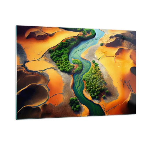Impression sur verre - Image sur verre - Des oasis vertes et une rivière parmi des dunes oranges - 120x80cm - Rivière vivifiante - Décoration murale moderne pour le salon et la chambre ARTTOR