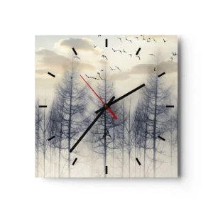 Horloge murale - Pendule murale - Forêt brumeuse avec des oiseaux contre le ciel du coucher du soleil - 30x30cm - L'âme de la forêt - Décoration murale moderne pour le salon et la chambre ARTTOR