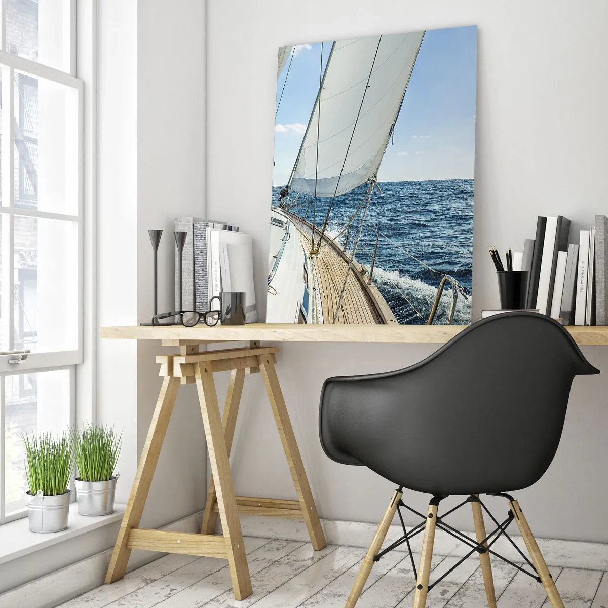 Impression sur verre - Image sur verre - Un voilier sur une mer calme sous un ciel bleu - 80x120cm - Ohé, l'aventure - Décoration murale moderne pour le salon et la chambre ARTTOR