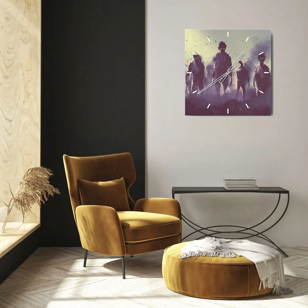 Horloge murale - Pendule murale - Scène sombre avec des silhouettes aux yeux jaunes - 30x30cm - Fais attention! Ils arrivent - Décoration murale moderne pour le salon et la chambre ARTTOR